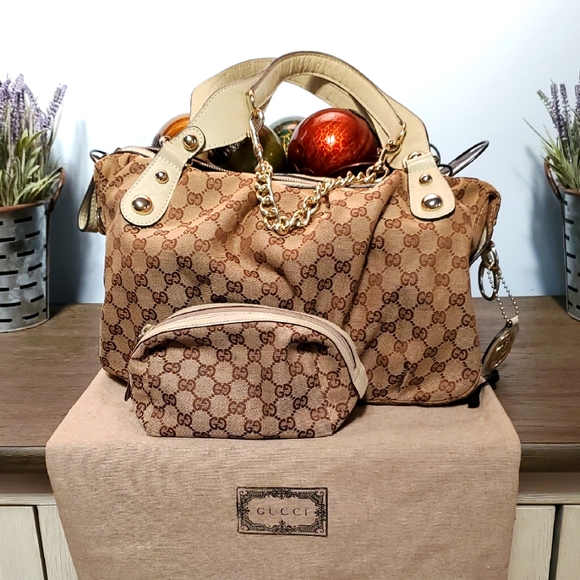 Gucci Handbags - Gucci Brown and Beige Monogram Handbag Set